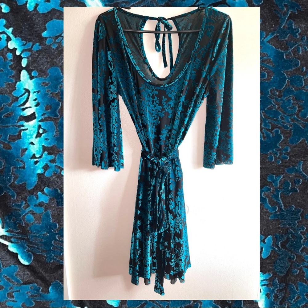 GUC Black Milk Burned Velvet Teal Floral Kimono Dress Large - Picture 7 of 16